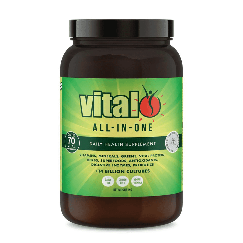 Vital Health Vital All-In-One 1kg supplement container with a label displaying product details and branding.