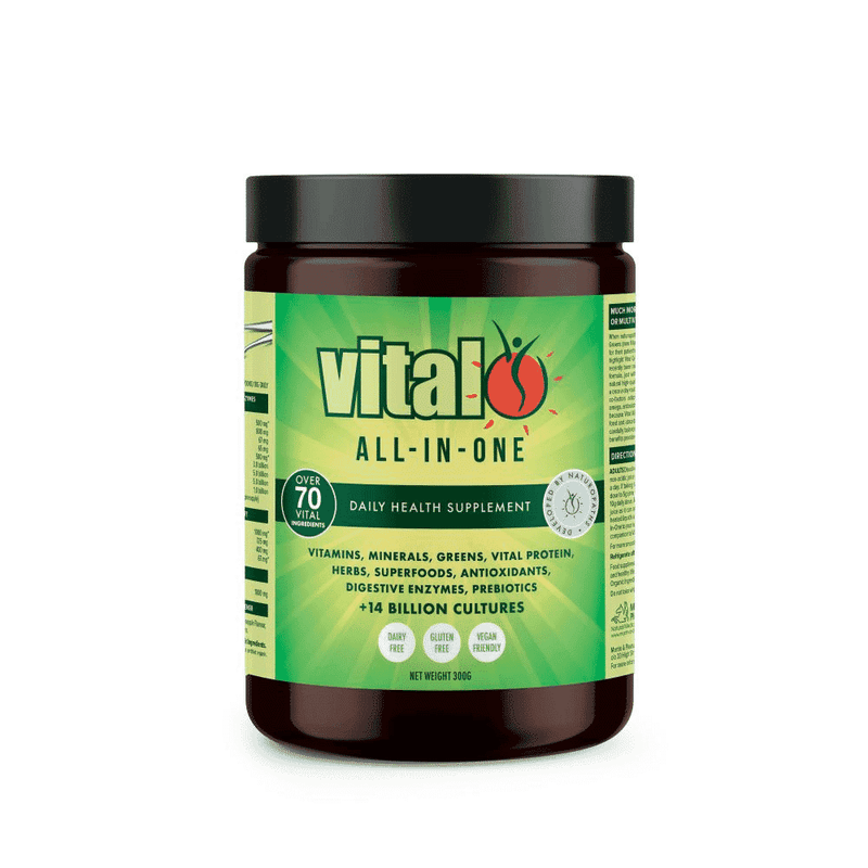 Vital Health Vital All-In-One 300g supplement container with label showing product details and branding.