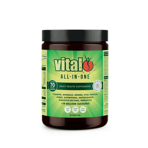 Vital Health Vital All-In-One 300g supplement container with label showing product details and branding.