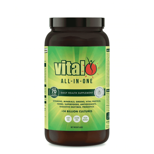 Vital Health Vital All-In-One 600g supplement container showing the product label and packaging.