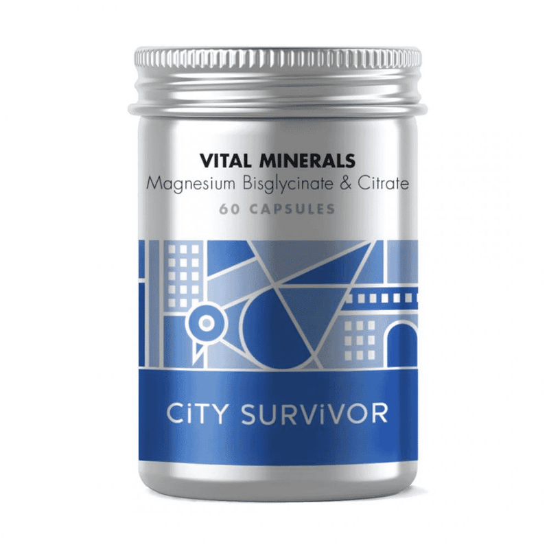City Survivor Vital Minerals magnesium bisglycinate and citrate bottles, supplement containers with label details visible.