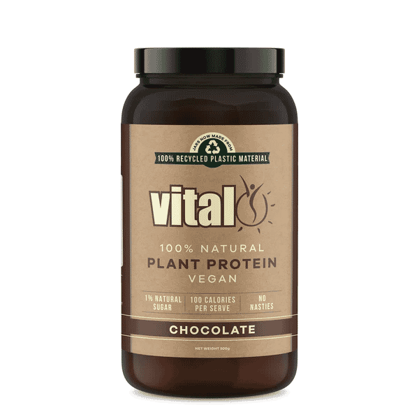 Vital Health Vital Plant Protein in chocolate flavor, 500g container with scoop and label, healthy plant-based protein supplement.