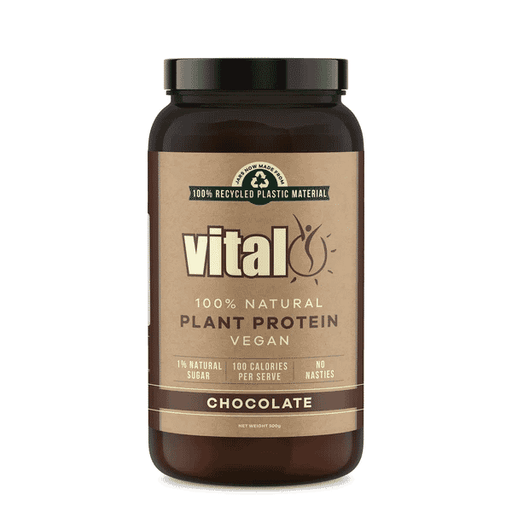 Vital Health Vital Plant Protein in chocolate flavor, 500g container with scoop and label, healthy plant-based protein supplement.