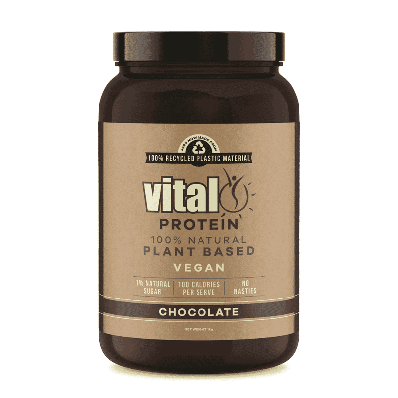 Vital Health Vital Protein pea protein powder in chocolate flavor, 1kg container, showing the product packaging.