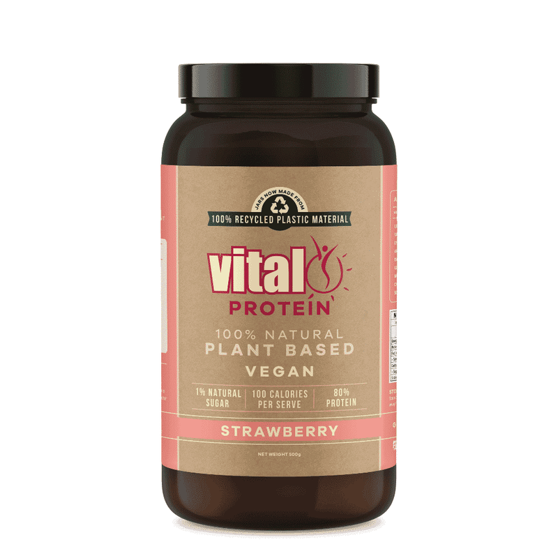 Vital Health Vital Protein Pea Protein in strawberry flavor, 500g container, with a scoop and fresh strawberries on the label.