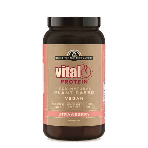 Vital Health Vital Protein Pea Protein in strawberry flavor, 500g container, with a scoop and fresh strawberries on the label.