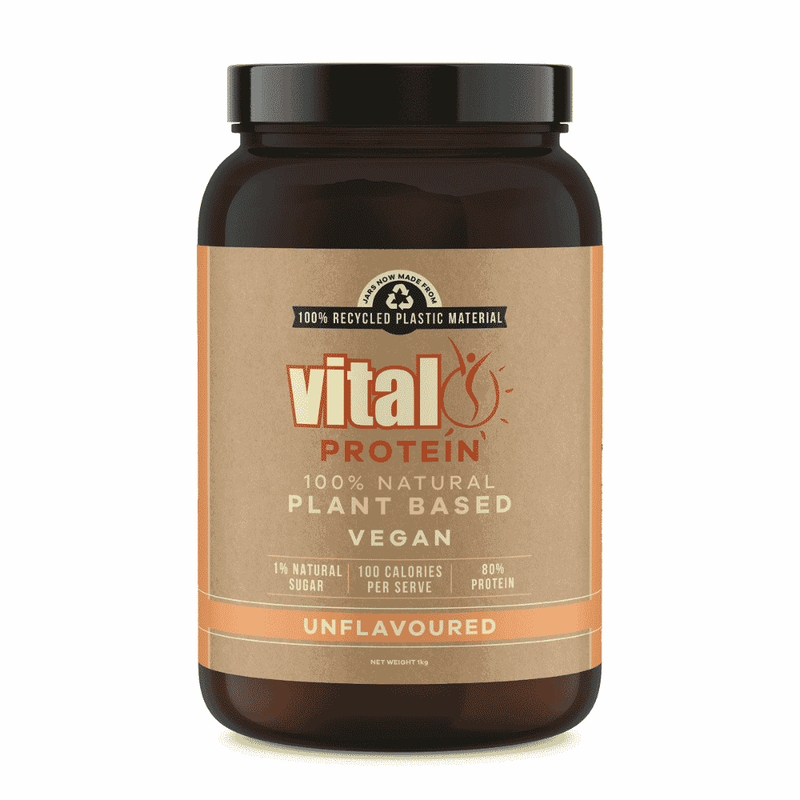 Vital Health Vital Protein Pea Protein powder in a 1kg unflavored container, showing the product packaging and label.