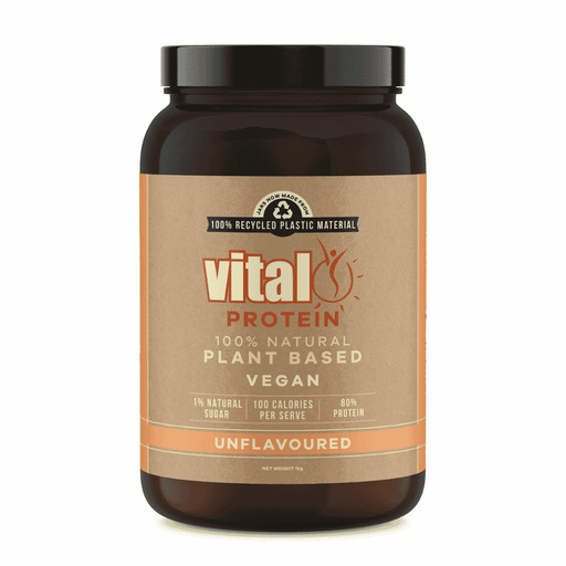 Vital Health Vital Protein Pea Protein powder in a 1kg unflavored container, showing the product packaging and label.