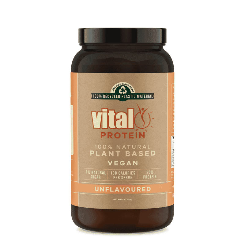 Unflavored Vital Health Vital Protein Pea Protein powder in a 500g container, showing the product label and packaging.