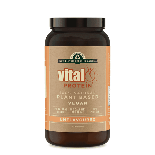 Unflavored Vital Health Vital Protein Pea Protein powder in a 500g container, showing the product label and packaging.