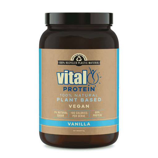 Vital Health Vital Protein Pea Protein Vanilla flavor in 1kg container, showing the powder inside and the product label.