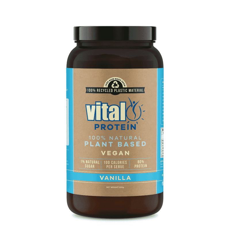 Vital Health Vital Protein Pea Protein Vanilla flavor in 500g container, showing the product label and packaging.