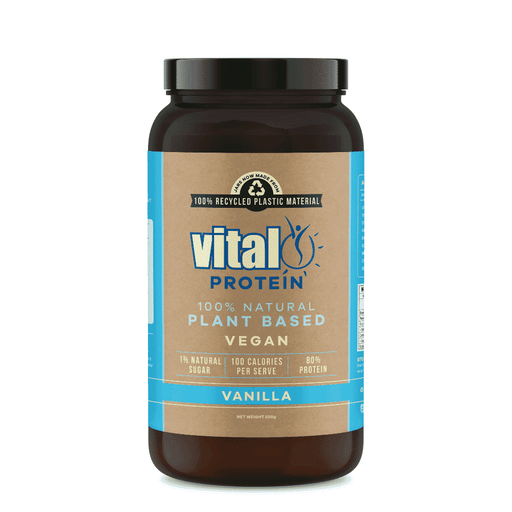Vital Health Vital Protein Pea Protein Vanilla flavor in 500g container, showing the product label and packaging.