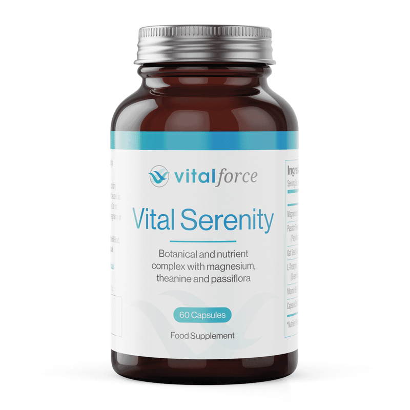 Vital Force Vital Serenity 60s supplement bottle showing label and cap, designed for wellness and relaxation.