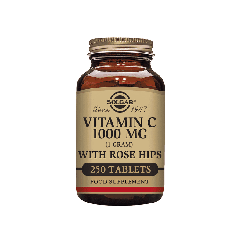 Solgar Vitamin C 1000mg with Rose Hips bottle, dietary supplement with orange tablets and label showing 250 capsules.