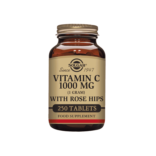 Solgar Vitamin C 1000mg with Rose Hips bottle, dietary supplement with orange tablets and label showing 250 capsules.