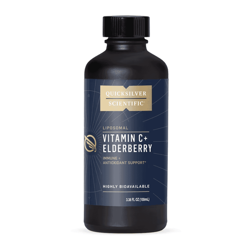 Bottle of Quicksilver Vitamin C + Elderberry supplement in a 100ml container, showing the colorful label and clear liquid inside.