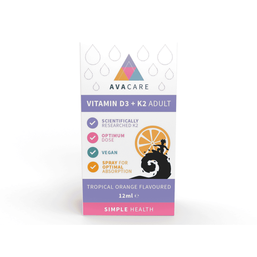 Bottle of Avacare Vitamin D3 + K2 for adults in a 12ml container, with the label displaying the supplement details.