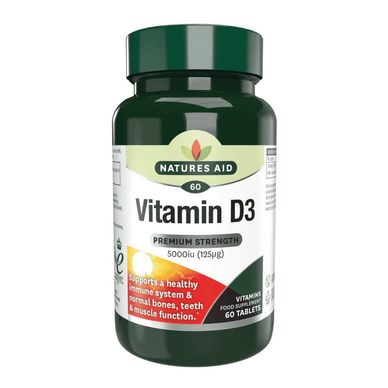 Natures Aid Vitamin D3 Premium Strength 5000iu supplement bottle with 60 capsules.