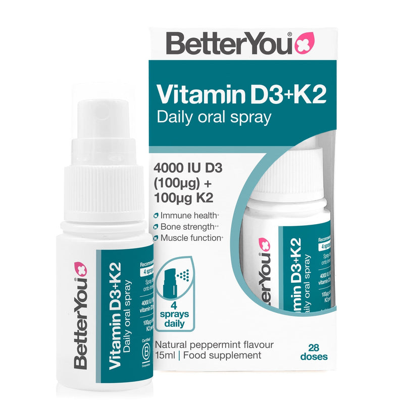 BetterYou Vitamin D3+K2 Daily Oral Spray 4000IU D3 + 100ug K2 15ml (Blue)