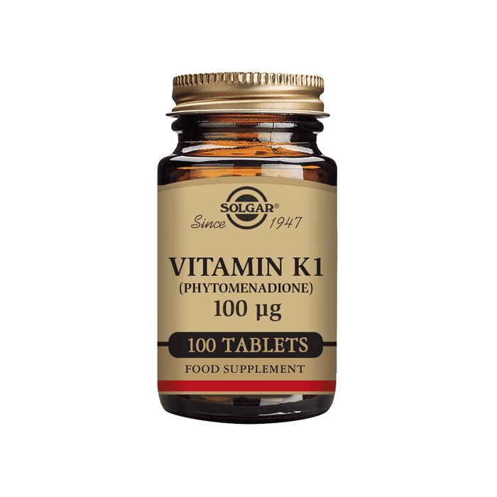 Solgar Vitamin K1 (Phytomenadione) 100mcg supplement bottles, showing the label and packaging of the dietary vitamin product.