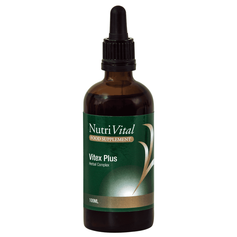 Nutrivital Vitex Plus 100ml bottle with label, featuring herbal supplement for hormonal balance and natural wellness.