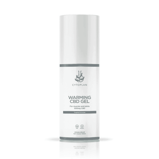 Cytoplan Warming CBD Gel with 500mg CBD in a 100ml tube, featuring a warming sensation for targeted relief.