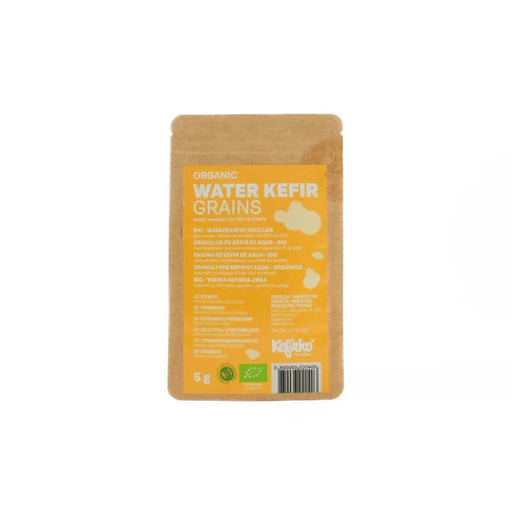 Kefirko Water Kefir Grains 5g in a glass jar, showing small, translucent grains used for fermenting water kefir.