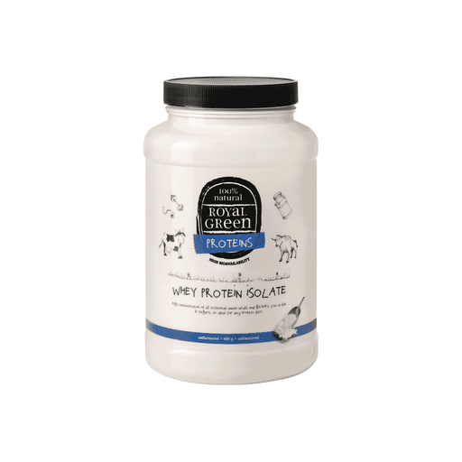Royal Green Whey Protein Isolate 600g container with label, showcasing a healthy, fitness-focused supplement product.