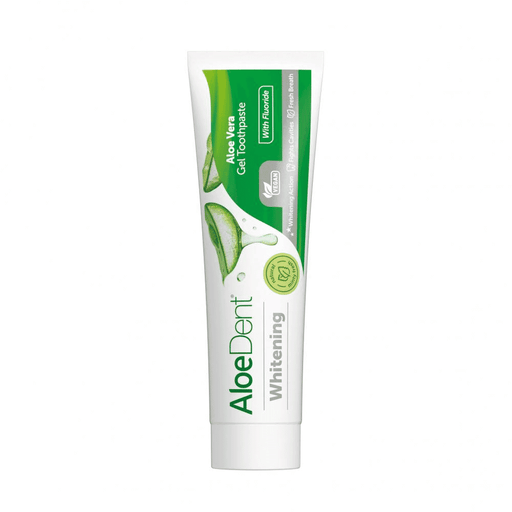 Aloe Dent Whitening Aloe Vera Gel Toothpaste with fluoride in a 100ml tube, showing the toothpaste tube with aloe vera imagery.