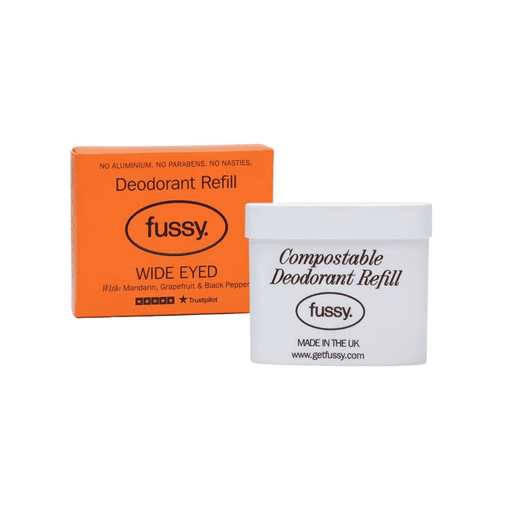 Fussy Wide Eyed Deodorant Refill 40g showing the refill packaging with product branding and label details.