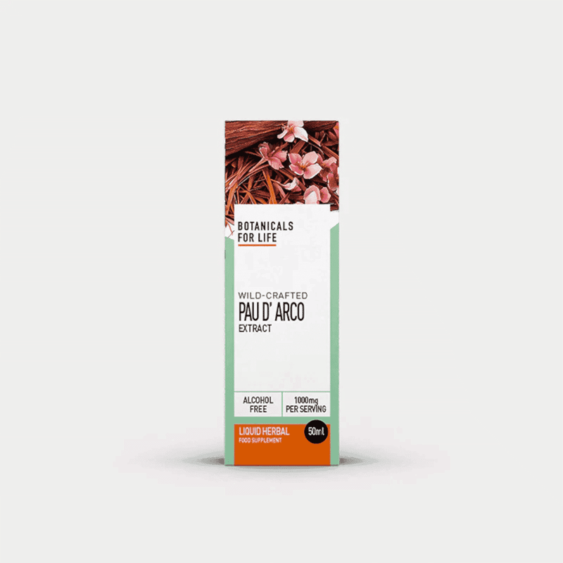 Botanicals For Life Wild Crafted Pau D'Arco Extract 50ml bottle, herbal supplement with natural plant extract.