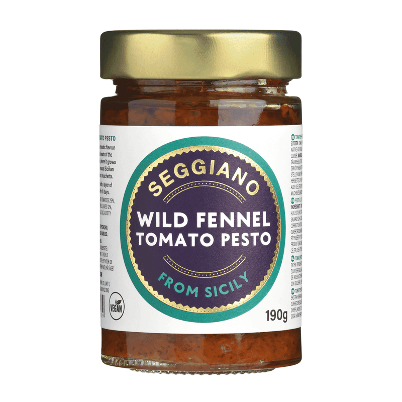 Seggiano Wild Fennel Tomato Pesto in 190g jar, perfect for pasta dishes, showcasing vibrant pesto with wild fennel and tomato ingredients.