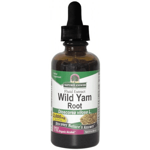 Bottle of Nature's Answer Wild Yam Root Organic Alcohol extract in a 60ml glass container with a label featuring wild yam root illustration.