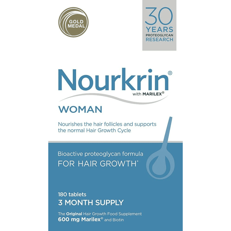 Nourkrin Woman hair growth supplement box with 180 tablets, featuring a woman with healthy, shiny hair on the packaging.