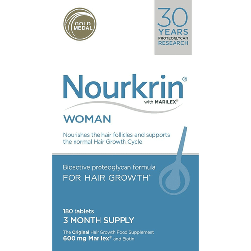 Nourkrin Woman hair growth supplement box with 180 tablets, featuring a woman with healthy, shiny hair on the packaging.
