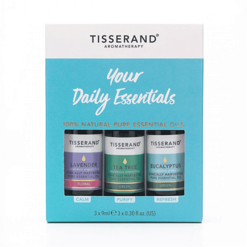 Tisserand Your Daily Essentials Kit with three 9ml bottles of essential oils and blends for daily wellness.