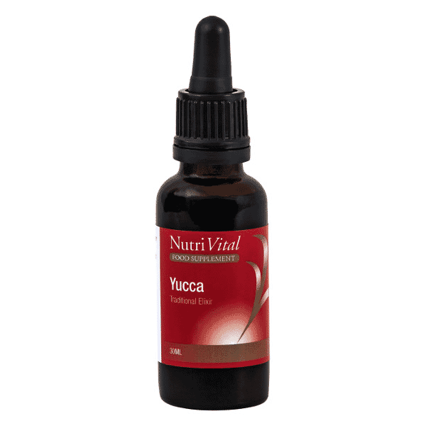 Nutrivital Yucca 30ml bottle with label, natural plant supplement in clear glass container on a white background.