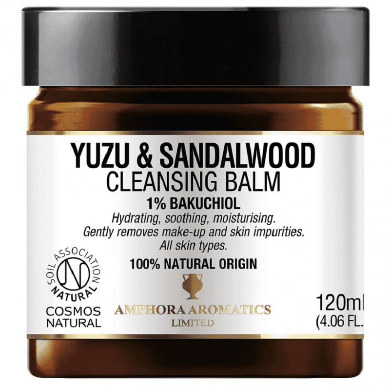 Amphora Aromatics Yuzu and Sandalwood Cleansing Balm in a 120ml jar, showing the balm's smooth texture and elegant packaging.