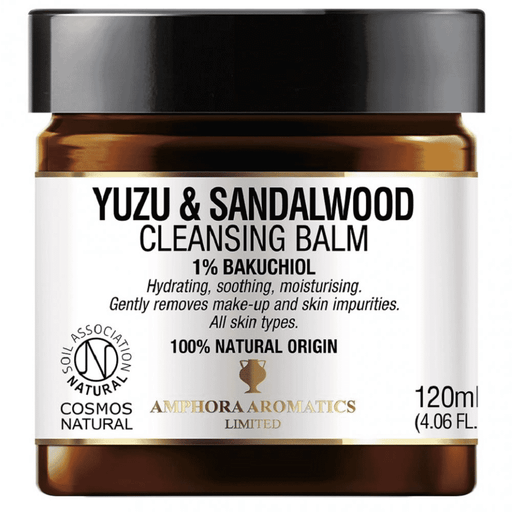 Amphora Aromatics Yuzu and Sandalwood Cleansing Balm in a 120ml jar, showing the balm's smooth texture and elegant packaging.