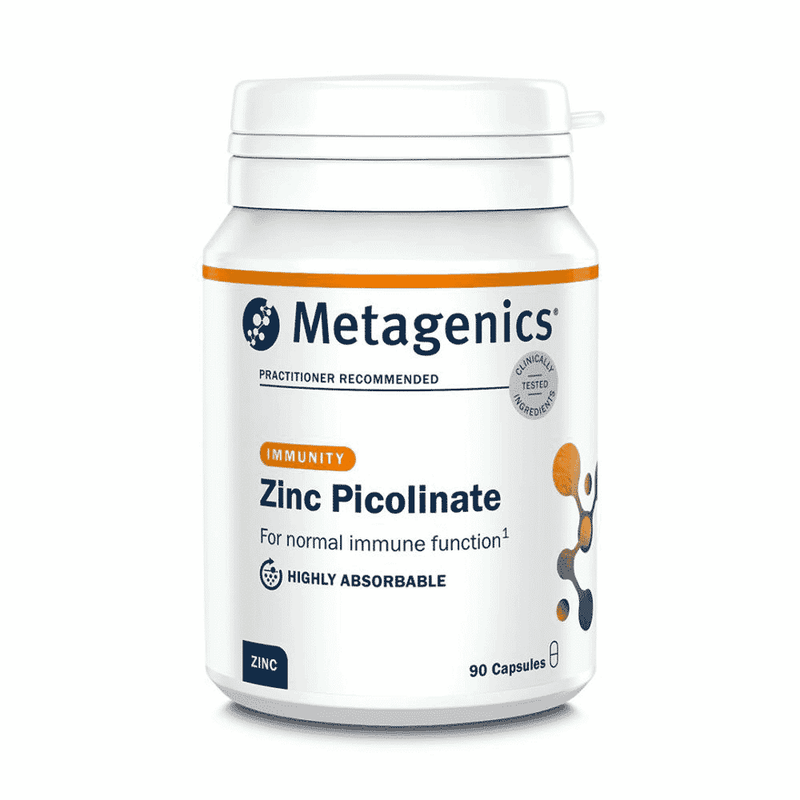 Bottle of Metagenics Zinc Picolinate 90 capsules with label visible, supplement for immune support and mineral absorption.