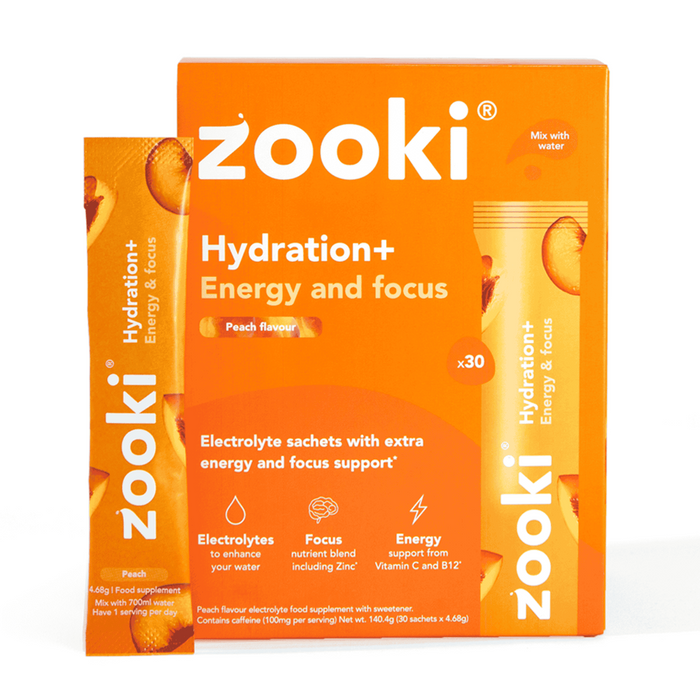 Zooki Hydration+ Energy and Focus Peach Flavour 30 Sachets - Dennis the Chemist