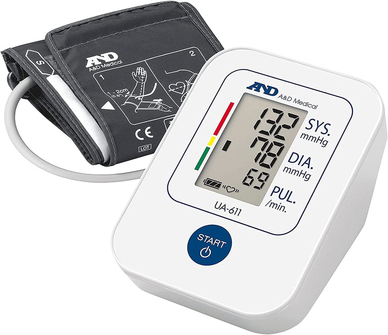 A&D Medical UA-611 upper arm blood pressure monitor with cuff and digital display showing systolic and diastolic readings.