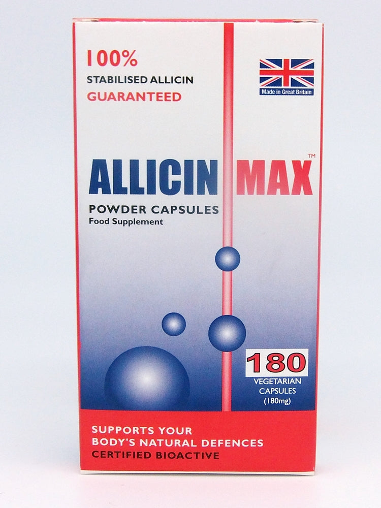AllicinMax 180-cap bottle of vitamins and supplements by Allicin, featuring the product packaging with 180 capsules.
