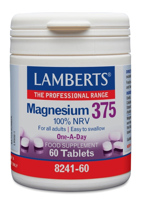 Lamberts Magnesium 375mg supplement bottle with 60 tablets, showing the label and tablets inside the bottle.
