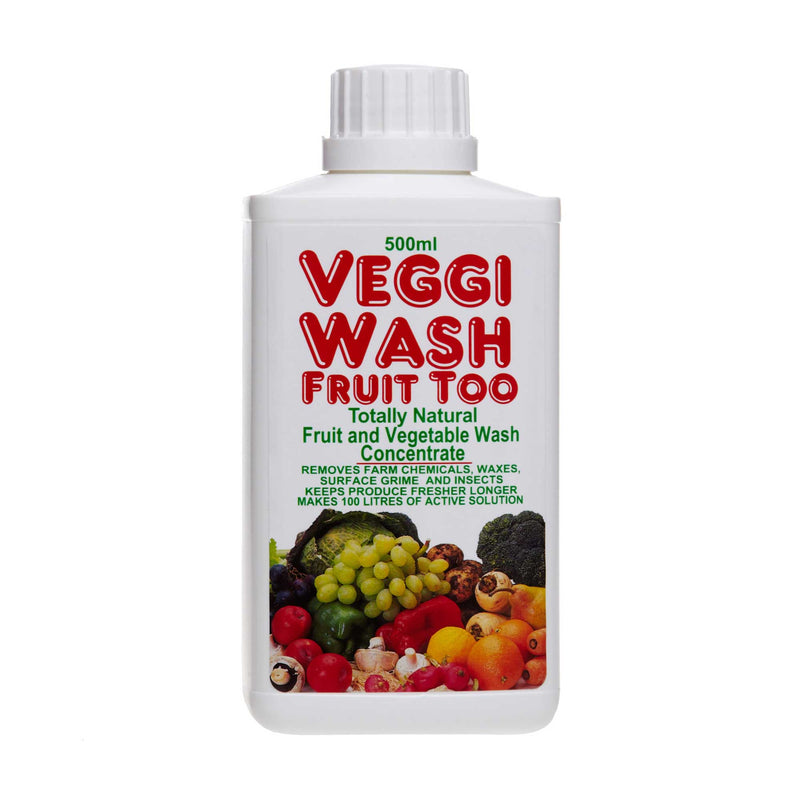 Bottle of Veggie Wash Veggi Wash Concentrate 500ml for cleaning fruits and vegetables, natural vitamins, and supplements.
