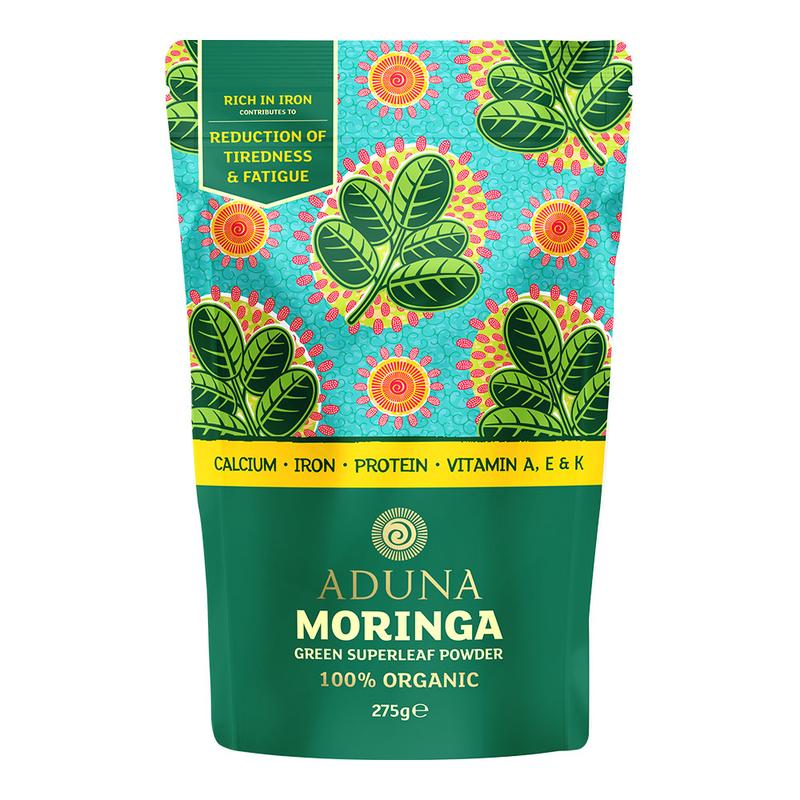 Aduna Moringa Superleaf Powder in a 275g jar, vibrant green powder for vitamins and supplements, natural health boost.