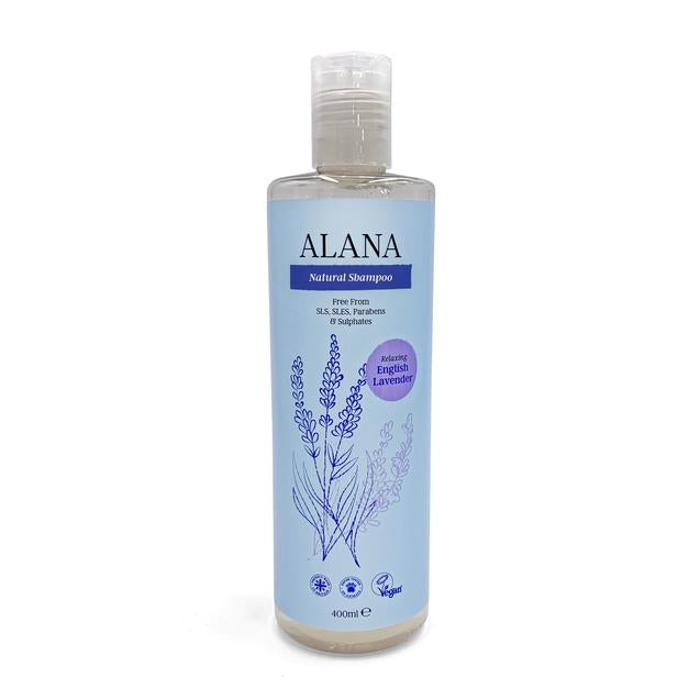 Alana Relaxing English Lavender Natural Shampoo 400ml bottle with lavender flowers and botanical ingredients.