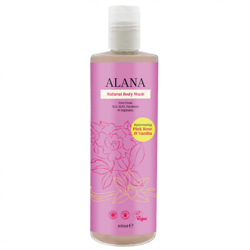 Alana Natural Body Wash Pink Rose & Vanilla 400ml with pink rose and vanilla scent, featuring a clear bottle and floral design.