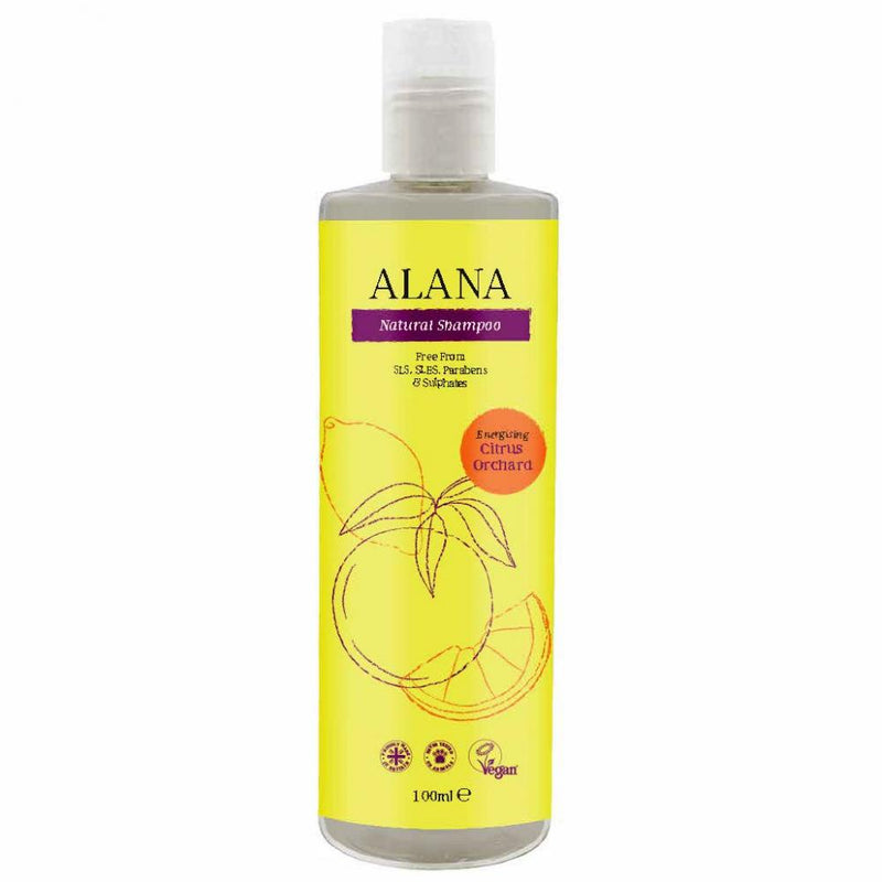 Alana Natural Shampoo Energising Citrus Orchard 100ml travel size bottle with citrus fruit illustrations on the label.